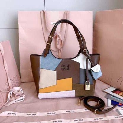 M-I-U M-I-U Leather Bag – Calfskin Travertine/Periwinkle | Gold-Tone Hardware (Brown with Multi Color Design)