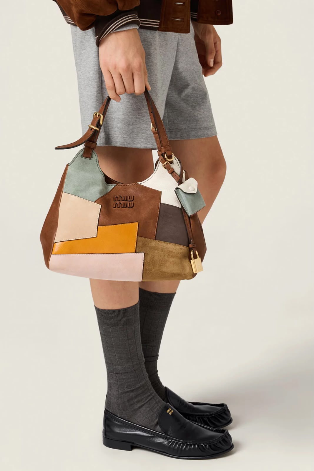 M-I-U M-I-U Leather Bag – Calfskin Travertine/Periwinkle | Gold-Tone Hardware (Brown with Multi Color Design)