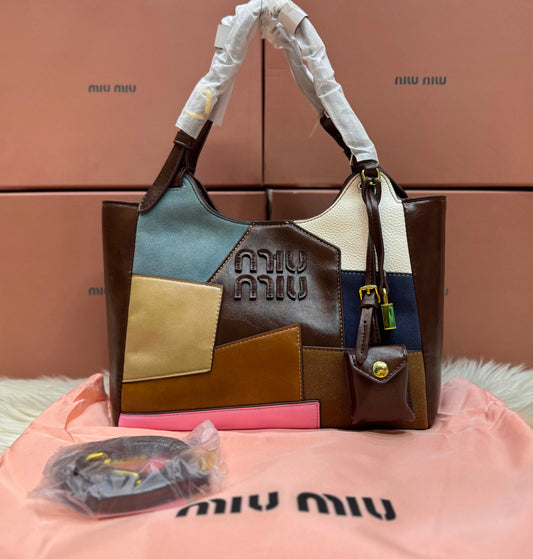 M-I-U M-I-U Leather Bag – Calfskin Travertine/Periwinkle | Gold-Tone Hardware (Brown with Multi Color Design)