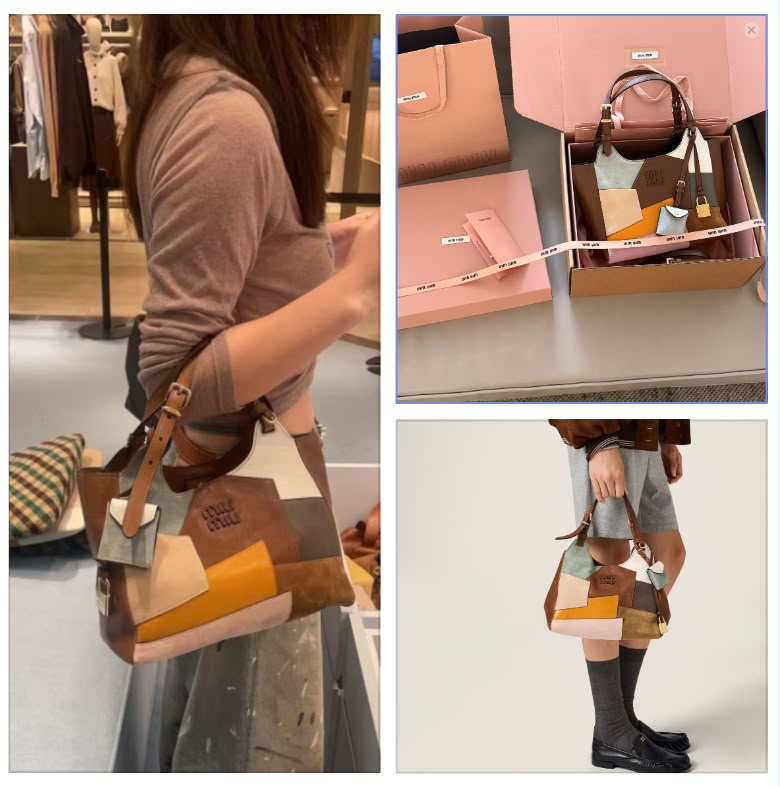 M-I-U M-I-U Leather Bag – Calfskin Travertine/Periwinkle | Gold-Tone Hardware (Brown with Multi Color Design)