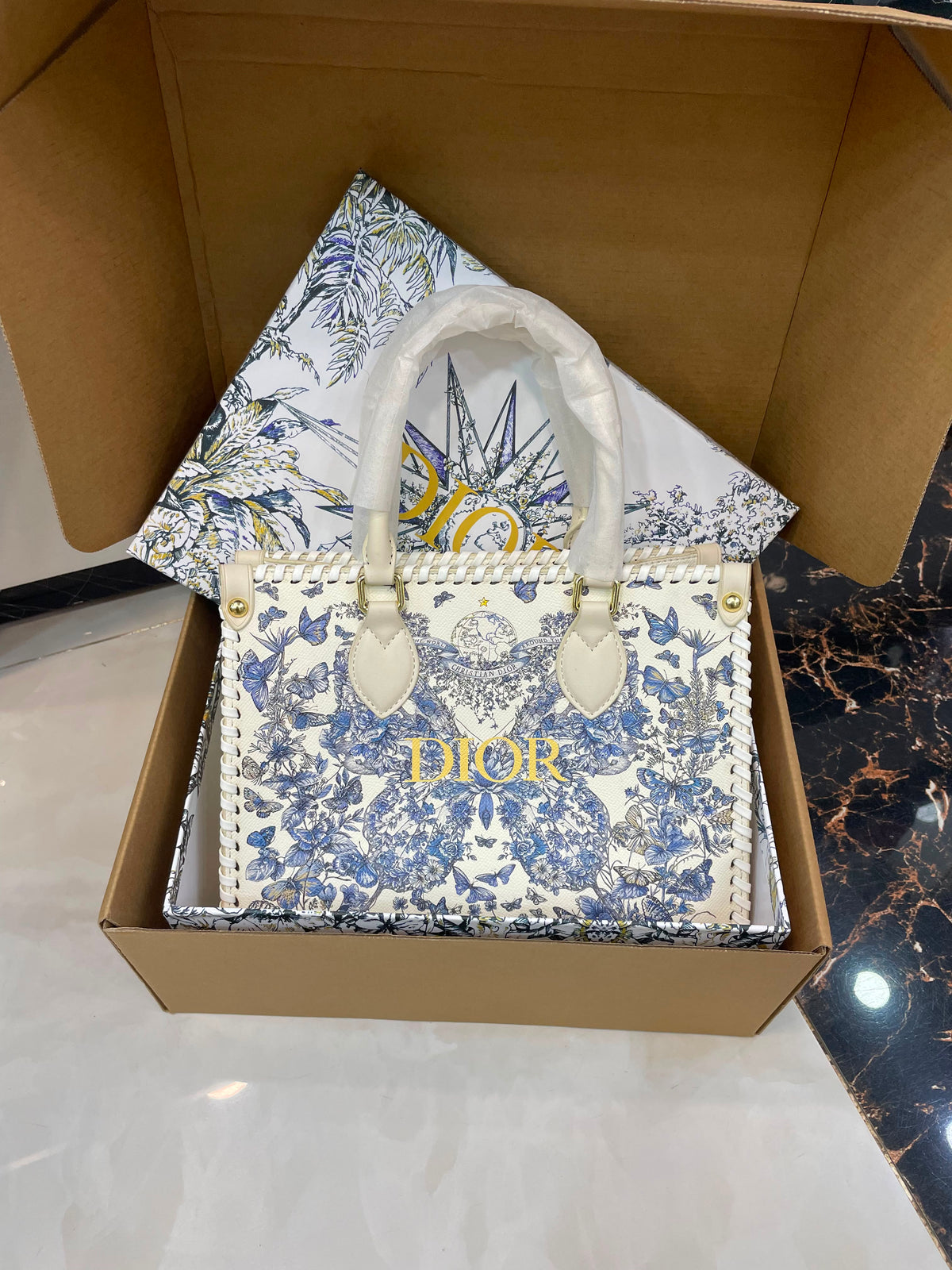 C-H-R-I-S-T-I-A-N D-I-O-R Structured Tote Bag – Premium Quality | Double Box Packaging | Off White with Blue Design