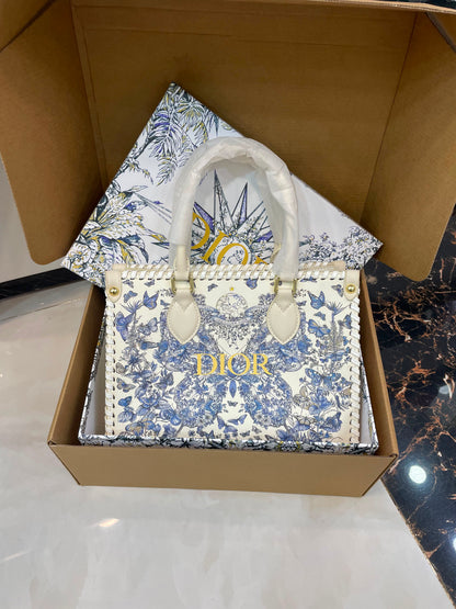 C-H-R-I-S-T-I-A-N D-I-O-R Structured Tote Bag – Premium Quality | Double Box Packaging | Off White with Blue Design