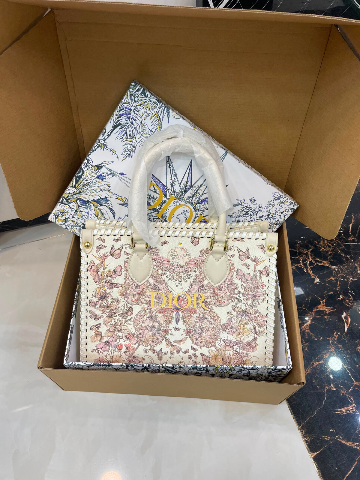 C-H-R-I-S-T-I-A-N D-I-O-R Structured Tote Bag – Premium Quality | Double Box Packaging | Off White with Pink Design