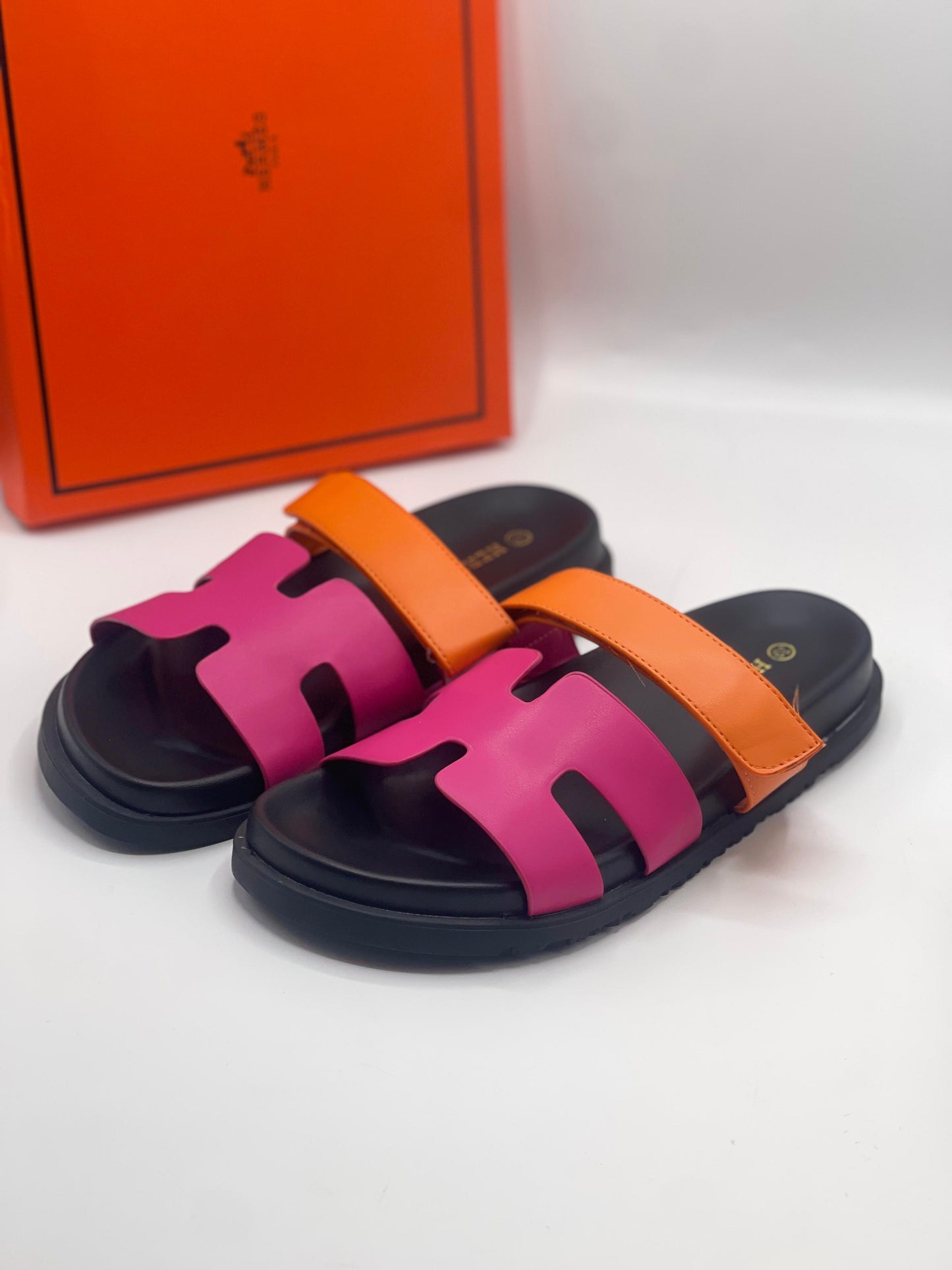 H-E-R-M-E-S Two Tone Slippers – Premium Women Flat Slippers (Pink with Black)