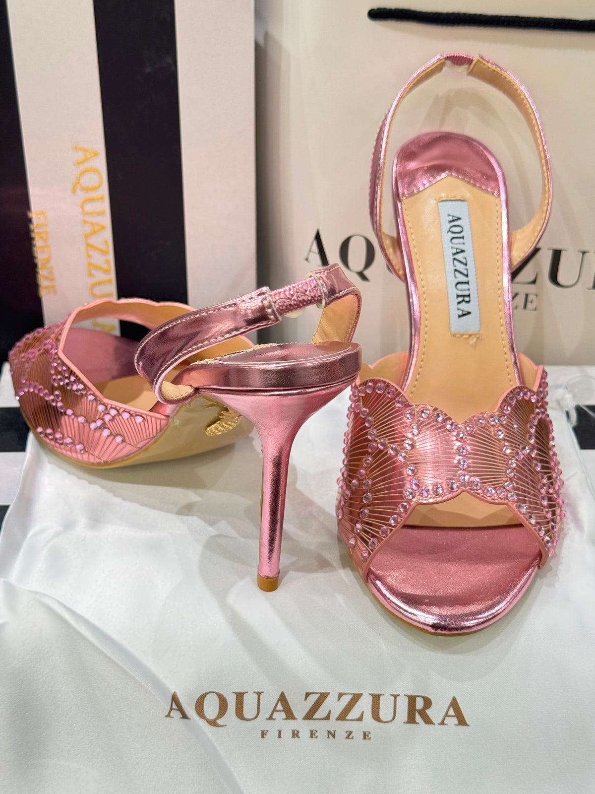 A-Q-U-A-Z-Z-U-R-A Zaura Sling Back Embellished Sandals – Premium Nappa Leather | Luxury Women Footwear (Pink)