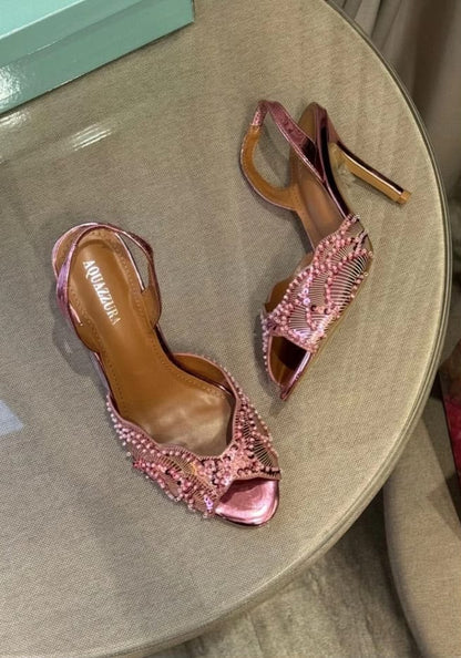 A-Q-U-A-Z-Z-U-R-A Zaura Sling Back Embellished Sandals – Premium Nappa Leather | Luxury Women Footwear (Pink)