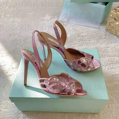 A-Q-U-A-Z-Z-U-R-A Zaura Sling Back Embellished Sandals – Premium Nappa Leather | Luxury Women Footwear (Pink)