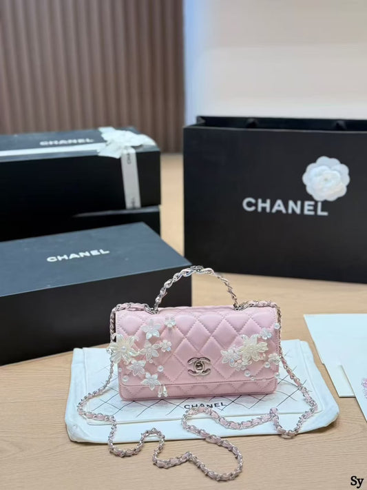 C-H-A-N-E-L Handbag – Premium Quality | Floral Appliqué & Pearl Detailing (Pink & White)