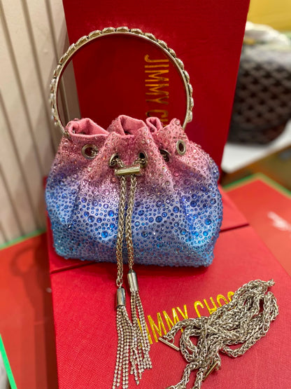 J-I-M-M-Y C-H-O-O Bon Bon Deep Merlot Satin & Crystal Hotfix Bucket Bag (Pink with Blue)