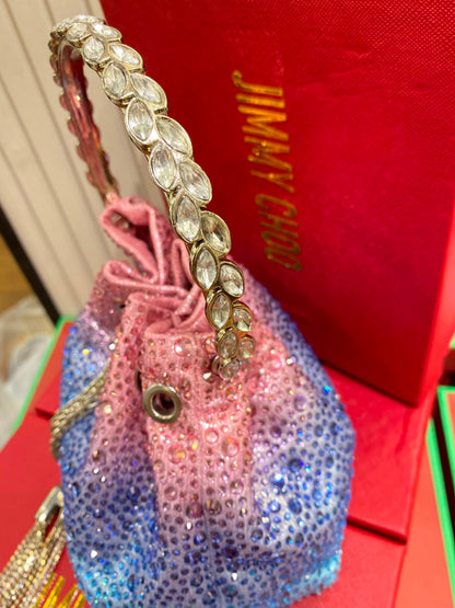 J-I-M-M-Y C-H-O-O Bon Bon Deep Merlot Satin & Crystal Hotfix Bucket Bag (Pink with Blue)