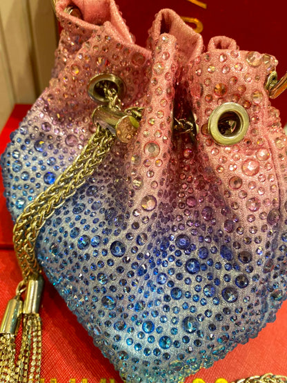 J-I-M-M-Y C-H-O-O Bon Bon Deep Merlot Satin & Crystal Hotfix Bucket Bag (Pink with Blue)