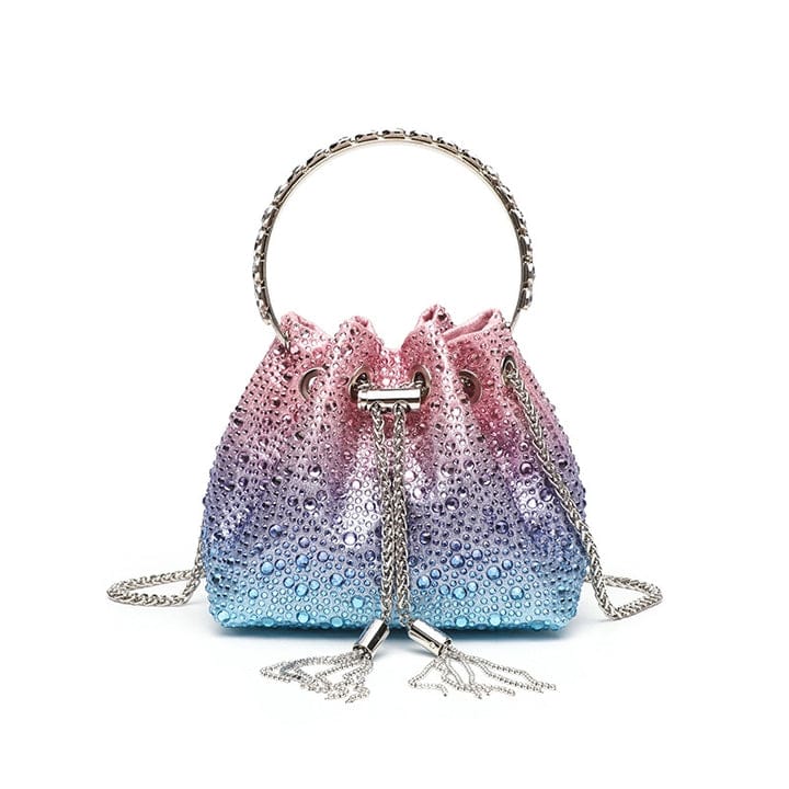 J-I-M-M-Y C-H-O-O Bon Bon Deep Merlot Satin & Crystal Hotfix Bucket Bag (Pink with Blue)