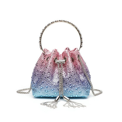 J-I-M-M-Y C-H-O-O Bon Bon Deep Merlot Satin & Crystal Hotfix Bucket Bag (Pink with Blue)