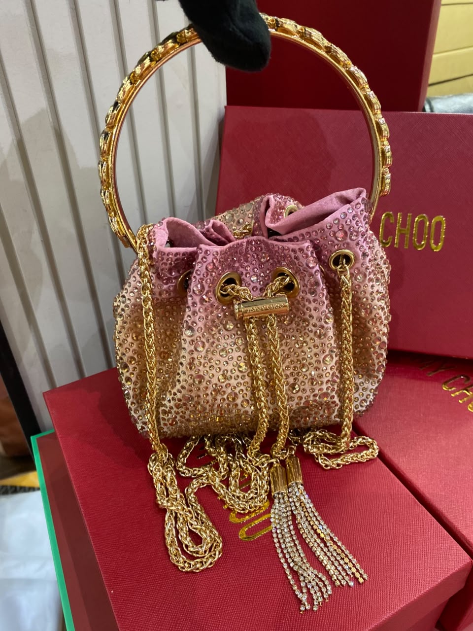 J-I-M-M-Y C-H-O-O Bon Bon Deep Merlot Satin & Crystal Hotfix Bucket Bag (Pink Gold)