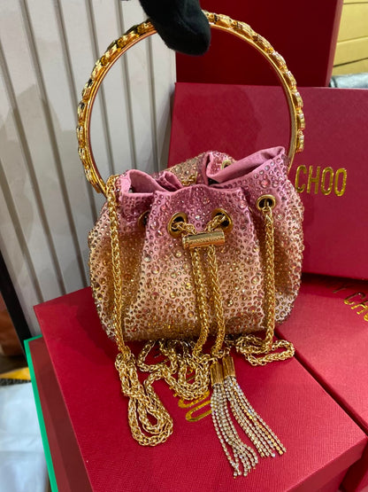 J-I-M-M-Y C-H-O-O Bon Bon Deep Merlot Satin & Crystal Hotfix Bucket Bag (Pink Gold)
