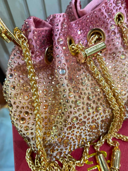 J-I-M-M-Y C-H-O-O Bon Bon Deep Merlot Satin & Crystal Hotfix Bucket Bag (Pink Gold)