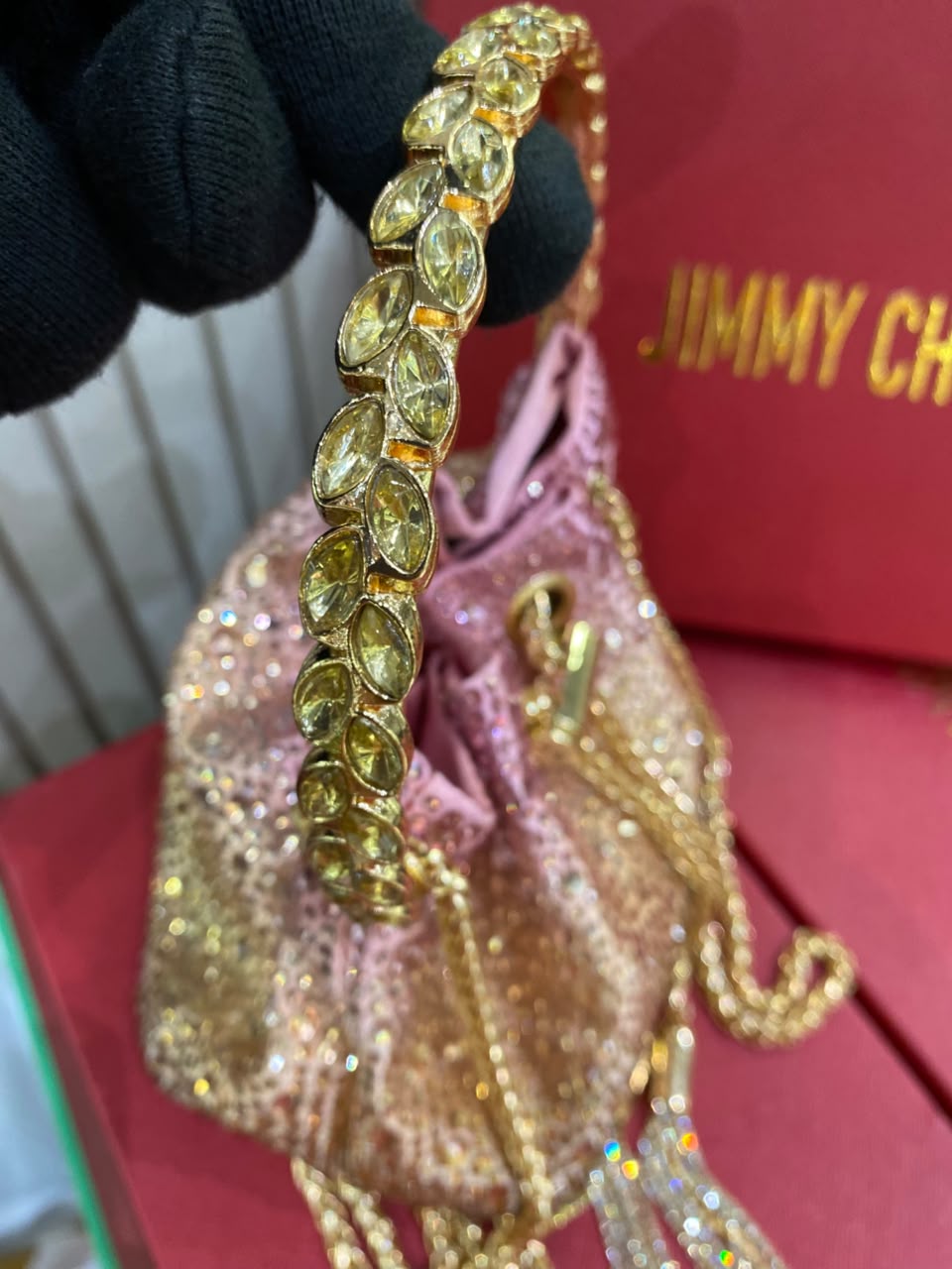 J-I-M-M-Y C-H-O-O Bon Bon Deep Merlot Satin & Crystal Hotfix Bucket Bag (Pink Gold)