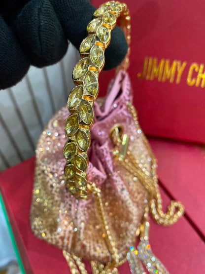 J-I-M-M-Y C-H-O-O Bon Bon Deep Merlot Satin & Crystal Hotfix Bucket Bag (Pink Gold)
