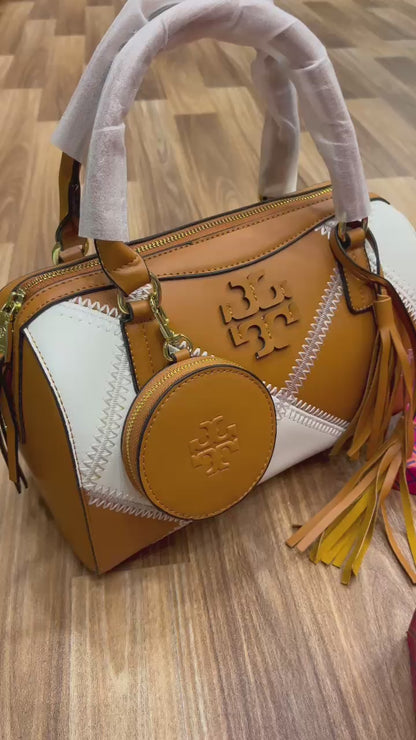 Tory Burch Two-Way Duffel Women Bag – Elegant & Versatile (Beige/White)