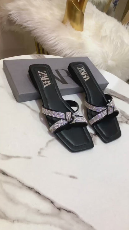 Zara Mash Tie Knotted Women Flat Slipper (Black/Silver)