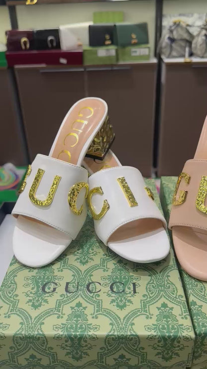 GUCCI Heeled Sandals with Gold-Tone Logo – Premium Quality (White Golden)