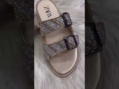 Z-A-R-A Inspired Stones Embellished Slingback – Kitten Flat | Premium Women Footwear (Gold)