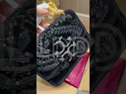 T-O-R-Y B-U-R-C-H Eleanor Embroidered Velvet Convertible Shoulder Bag – Luxe Women Bag (Black)