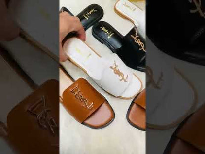 Y-S-L S-a-i-n-t L-a-u-r-e-n-t Flat Slippers – Official Model Women Footwear (Black)