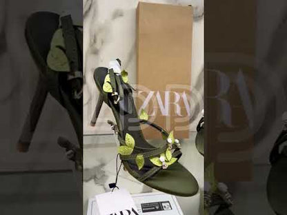 Z-A-R-A Satin-Effect Sandals with 3D Floral Appliqués – Premium Quality Women Footwear (Khaki Green)