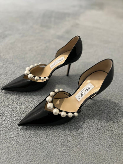J-I-M-M-Y C-H-O-O AURELIE 85 PEARL-EMBELLISHED HEEL PUMPS – WOMEN SHOES (Black Shine)