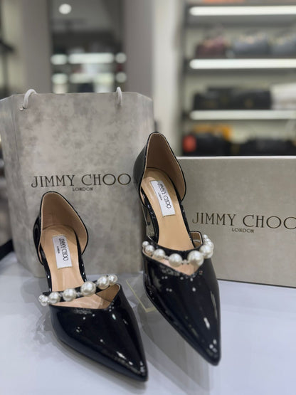 J-I-M-M-Y C-H-O-O AURELIE 85 PEARL-EMBELLISHED HEEL PUMPS – WOMEN SHOES (Black Shine)