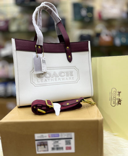 C-O-A-C-H FIELD TOTE 30 COLORBLOCK WITH BADGE – Women Bag (White with Burgundy)