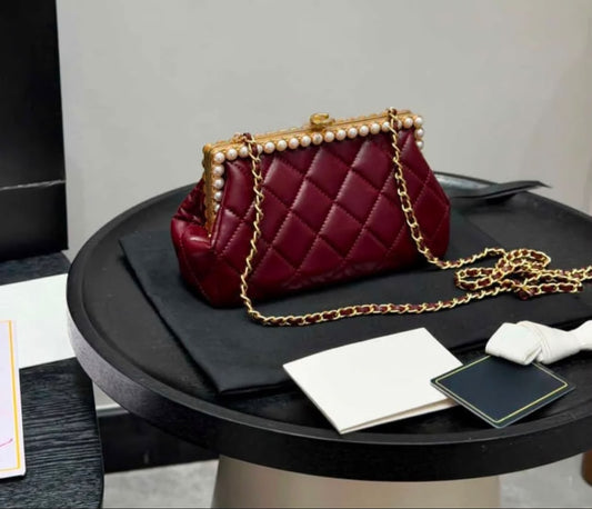 C-H-A-N-E-L Clutch in Pearly Lambskin – Quilted Luxury Women Bag (Maroon)