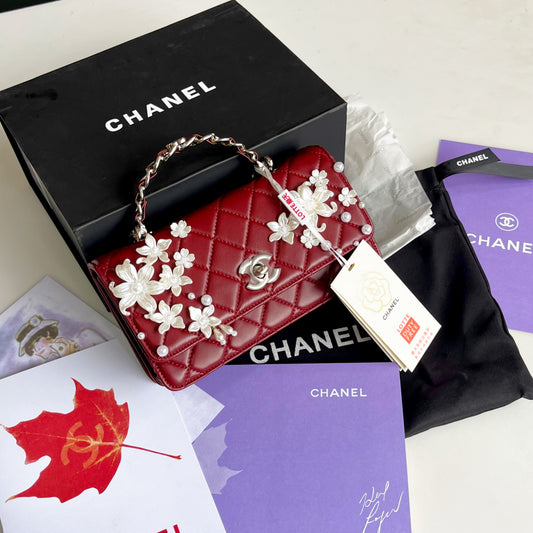C-H-A-N-E-L Handbag – Premium Quality | Floral Appliqué & Pearl Detailing (Red & White)