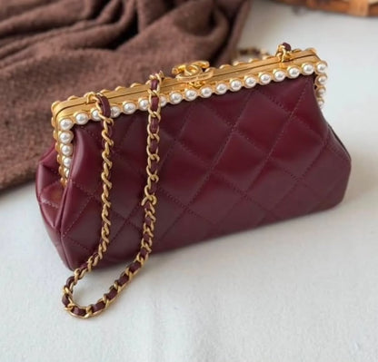 C-H-A-N-E-L Clutch in Pearly Lambskin – Quilted Luxury Women Bag (Maroon)