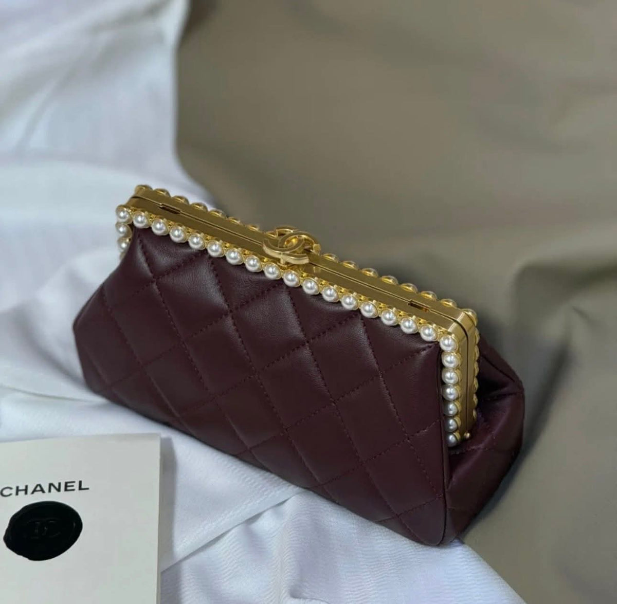 C-H-A-N-E-L Clutch in Pearly Lambskin – Quilted Luxury Women Bag (Maroon)