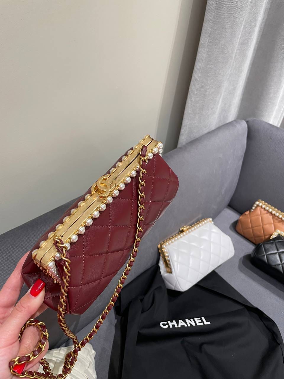 C-H-A-N-E-L Clutch in Pearly Lambskin – Quilted Luxury Women Bag (Maroon)