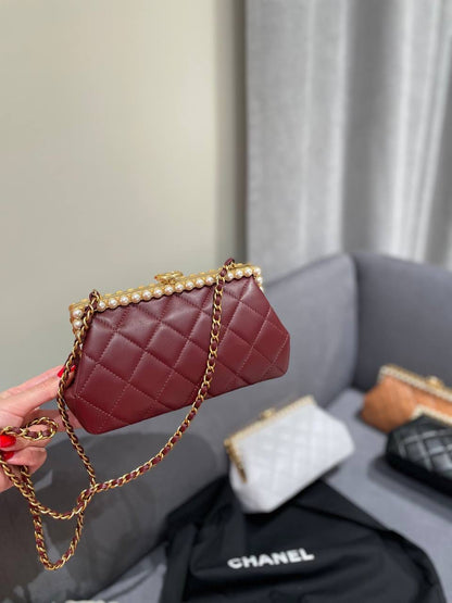 C-H-A-N-E-L Clutch in Pearly Lambskin – Quilted Luxury Women Bag (Maroon)