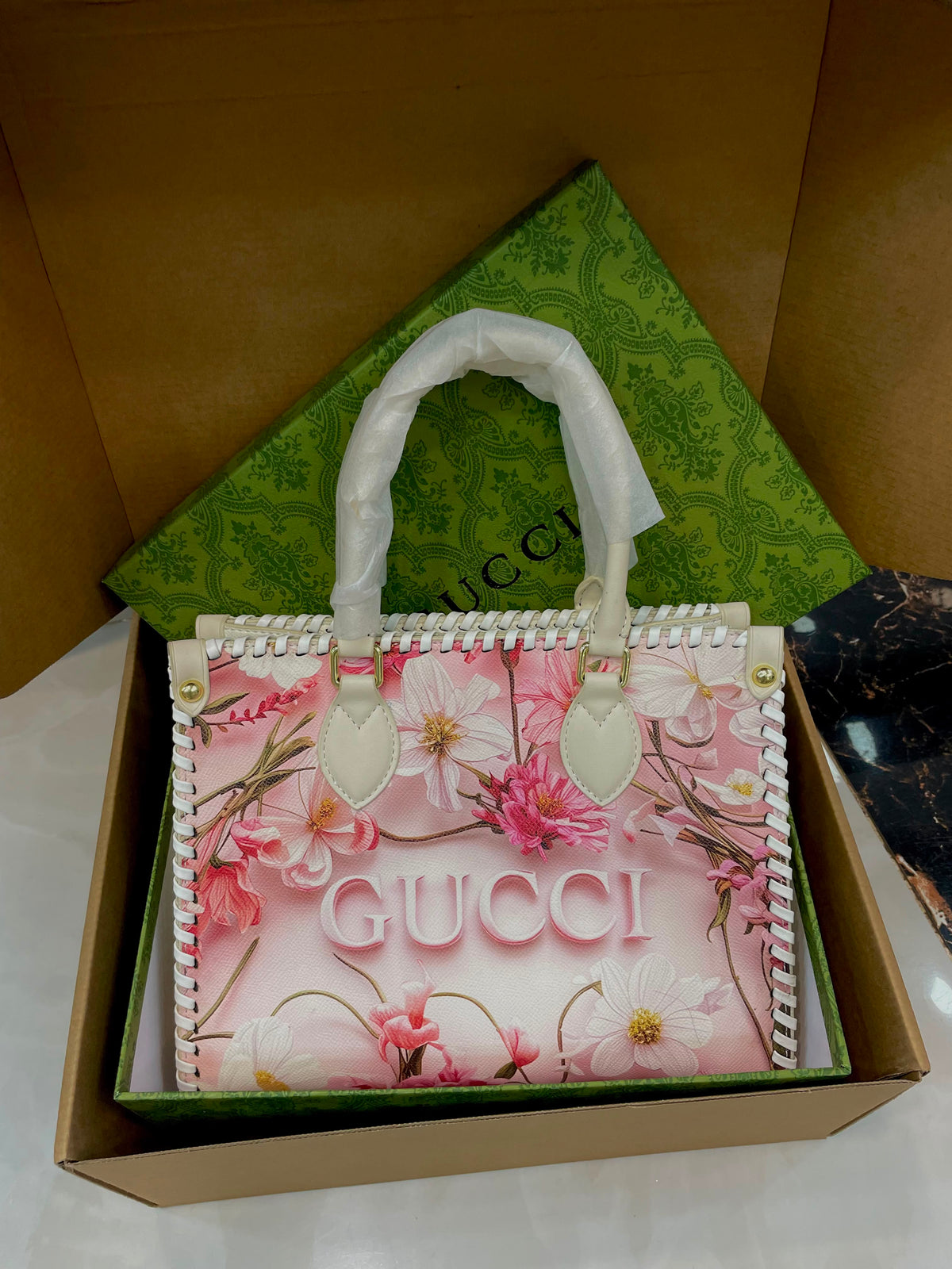 G-U-C-C-I Floral Lavender Tote Bag – Premium Quality Women Bag | Double Box | Red & White