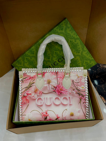 G-U-C-C-I Floral Lavender Tote Bag – Premium Quality Women Bag | Double Box | Red & White