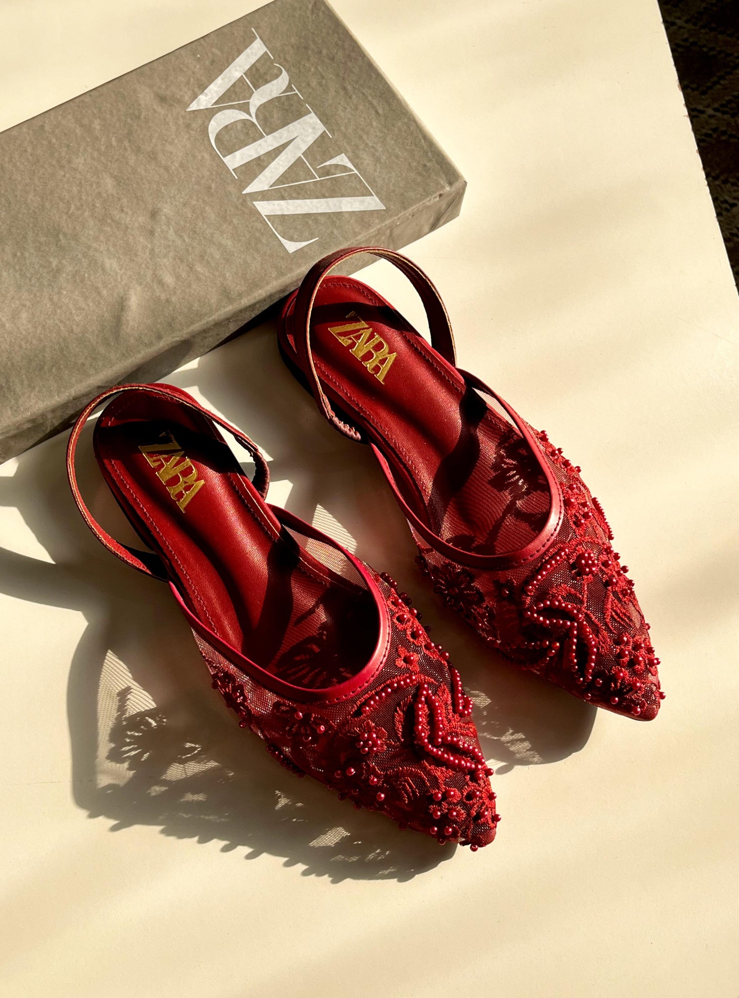 Z-A-R-A EMBROIDERY NET FLAT PUMP – WOMEN SHOES (Red)