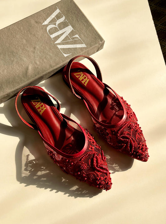 Z-A-R-A EMBROIDERY NET FLAT PUMP – WOMEN SHOES (Red)