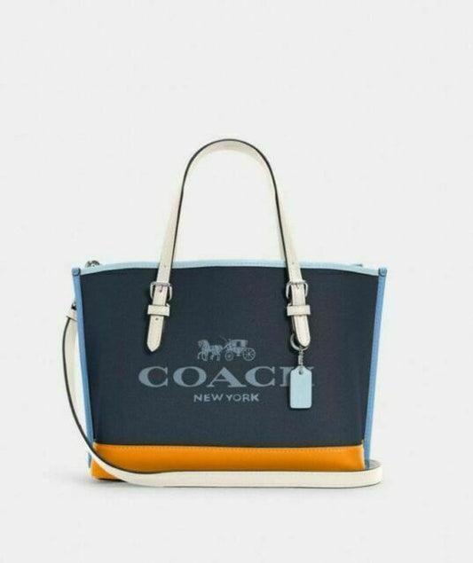 C-O-A-C-H Luxury Mollie-Inspired Tote Women Bag – Canvas & Smooth Leather | Premium Edition (Blue)