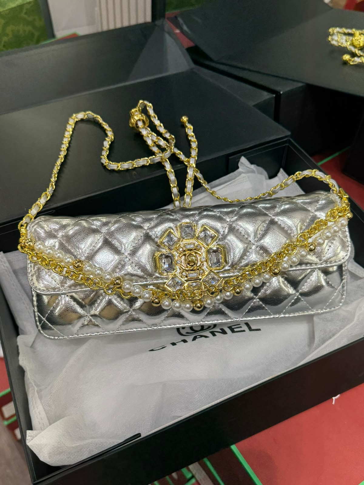 C-H-A-N-E-L Evening Clutch Bag – Luxury Women Bag | Complete Box Packaging (Silver)