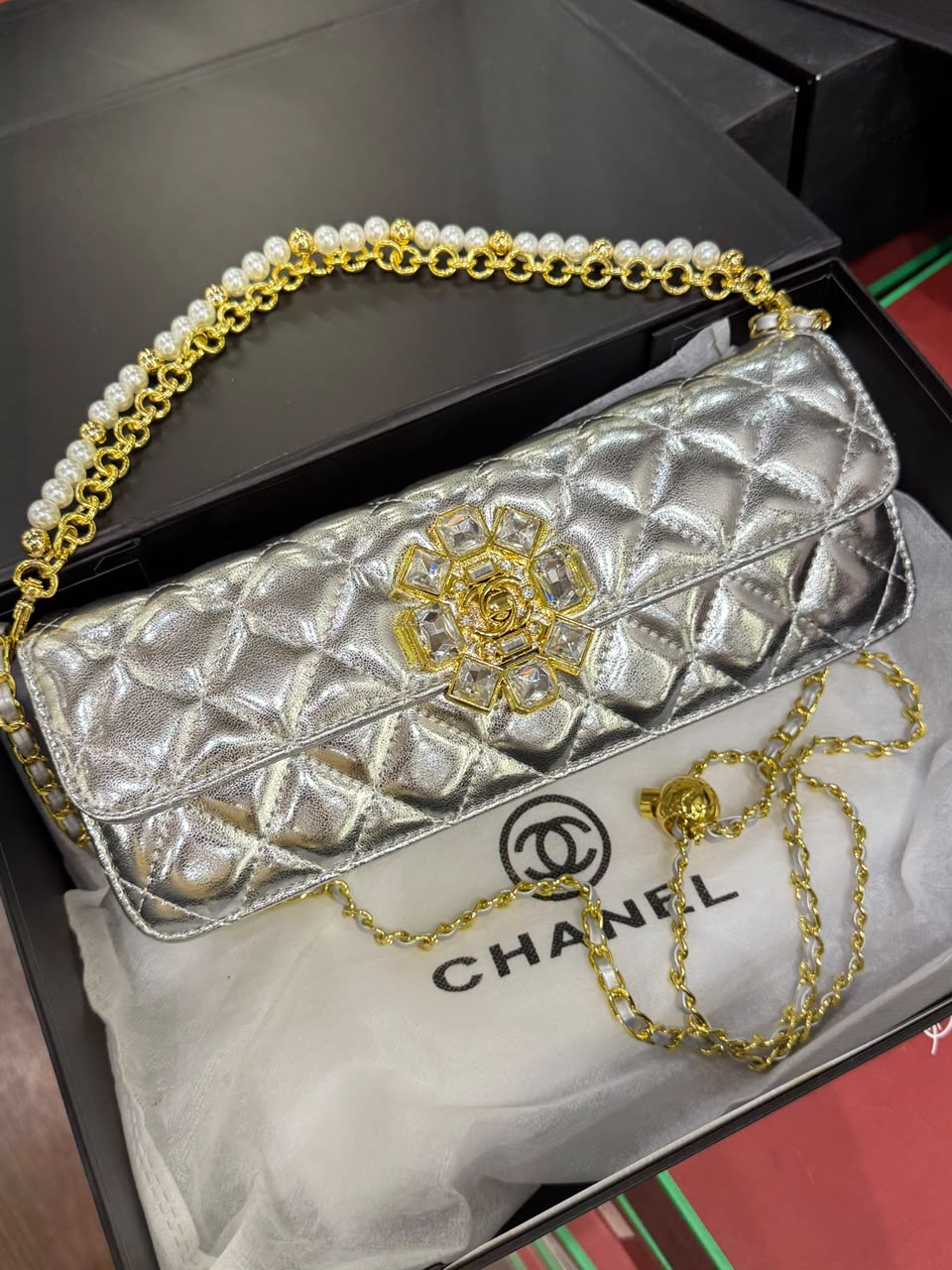 C-H-A-N-E-L Evening Clutch Bag – Luxury Women Bag | Complete Box Packaging (Silver)