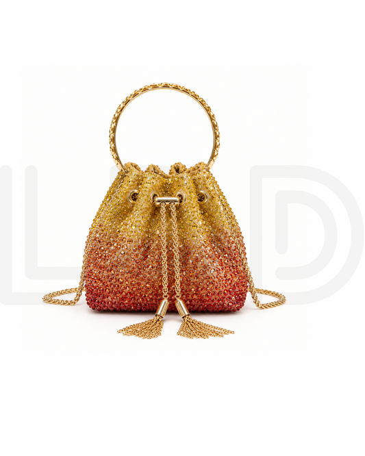 J-I-M-M-Y C-H-O-O Bon Bon Deep Merlot Satin & Crystal Hotfix Bucket Bag (Yellow Gold)