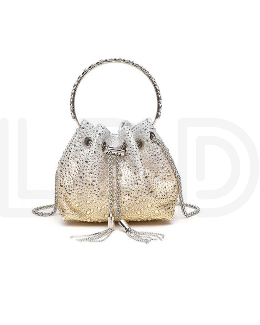 J-I-M-M-Y C-H-O-O Bon Bon Deep Merlot Satin & Crystal Hotfix Bucket Bag (Design A)