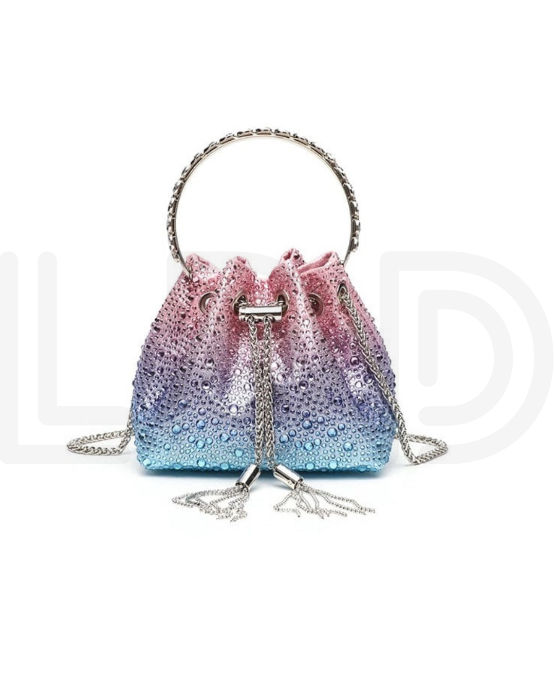 J-I-M-M-Y C-H-O-O Bon Bon Deep Merlot Satin & Crystal Hotfix Bucket Bag (Pink with Blue)