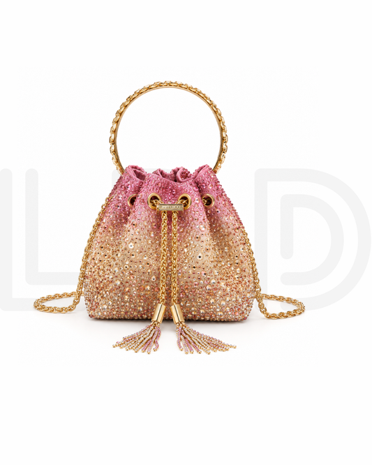 J-I-M-M-Y C-H-O-O Bon Bon Deep Merlot Satin & Crystal Hotfix Bucket Bag (Pink Gold)