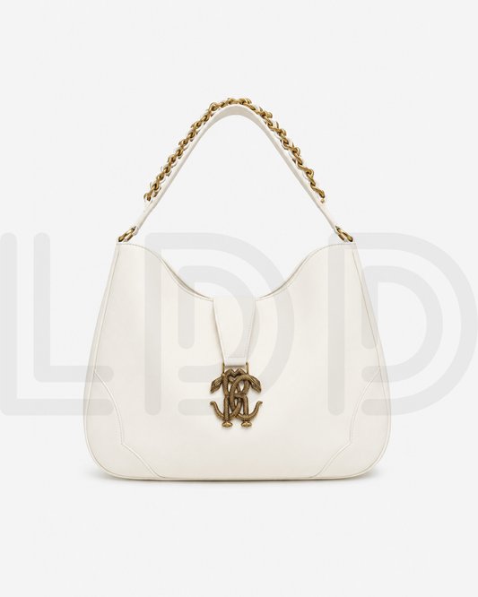 R-O-B-E-R-T-O C-A-V-A-L-L-I Chain Detail Shoulder Women Elegant Bag (White)